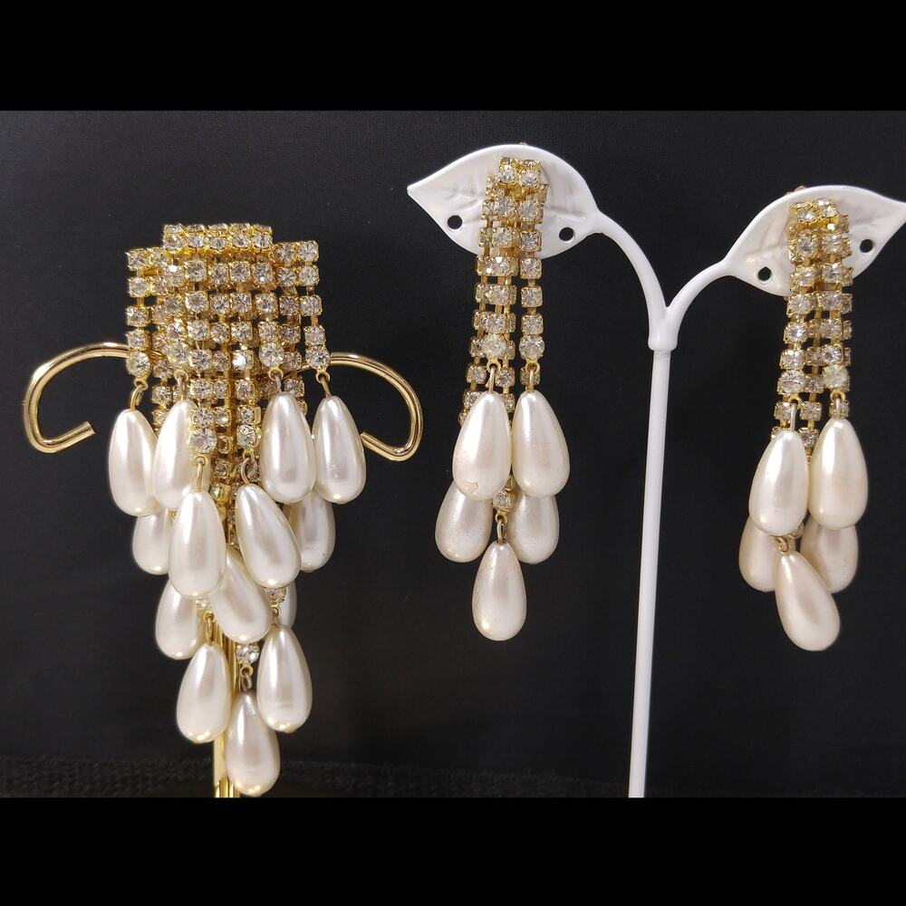 Vintage Rhinestone Faux Pearl Dangle Brooch Earrings Set Wedding Jewelry